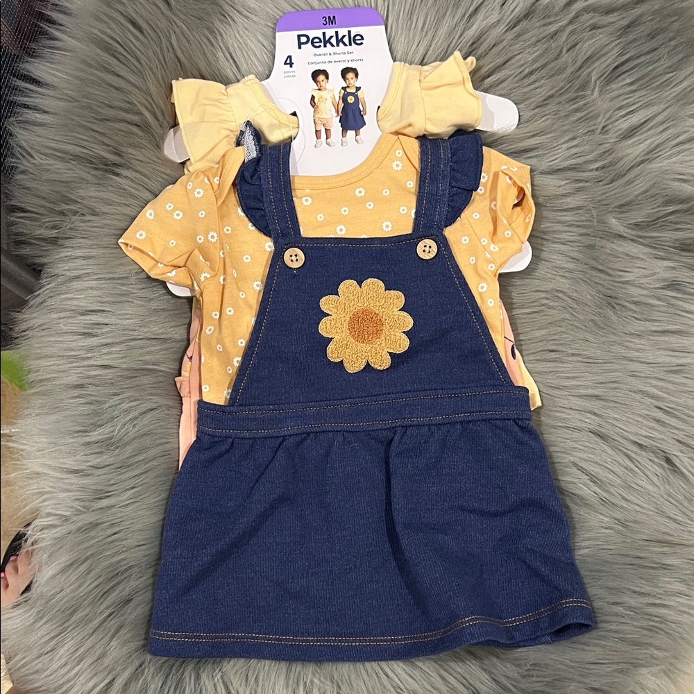 NWT Pekkle Baby Outfit Set with Sunflower Design Overall and Short Set sz 3m